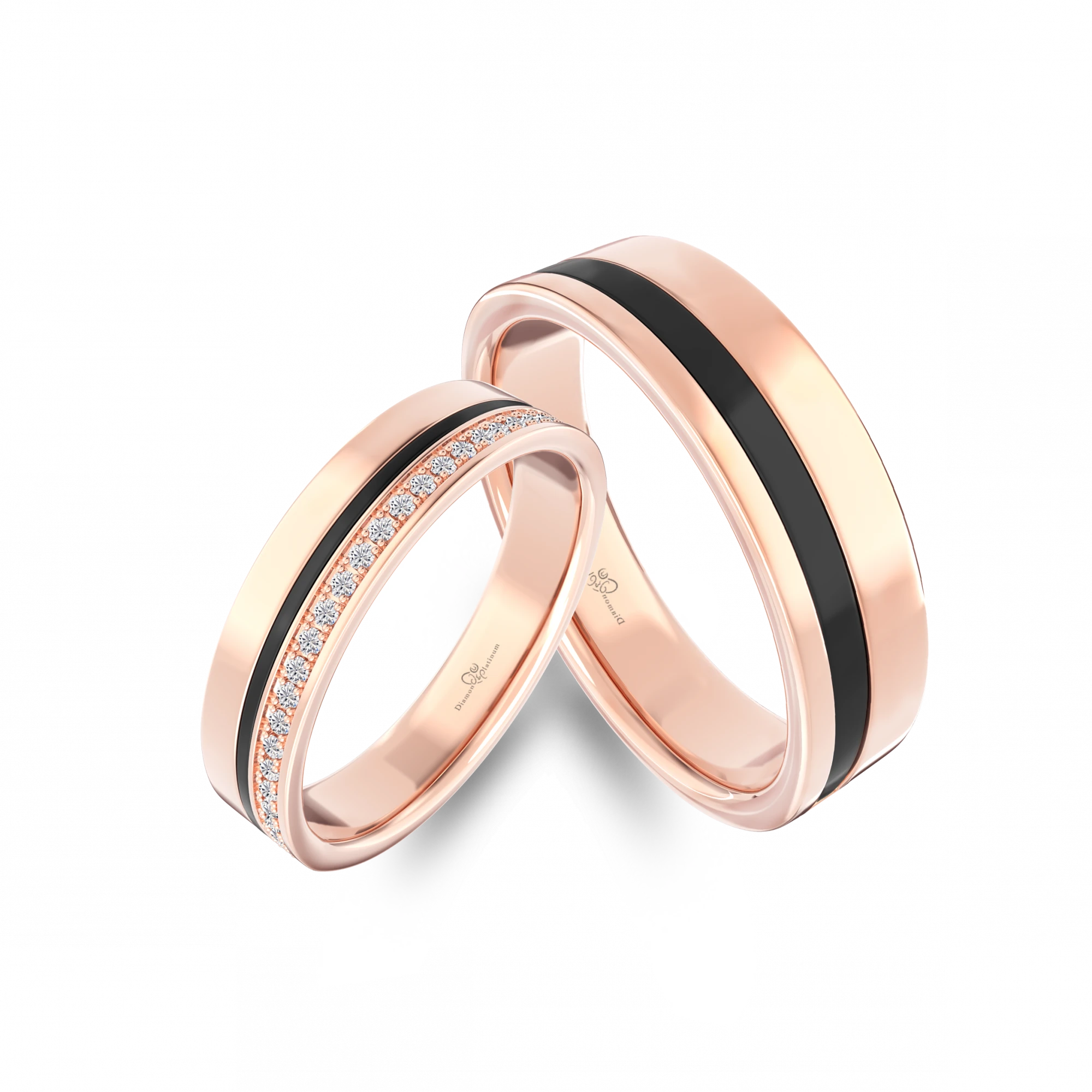 Modern Rose Gold & Black Enamel Wedding RIng Set for Couple by D&P Malaysia